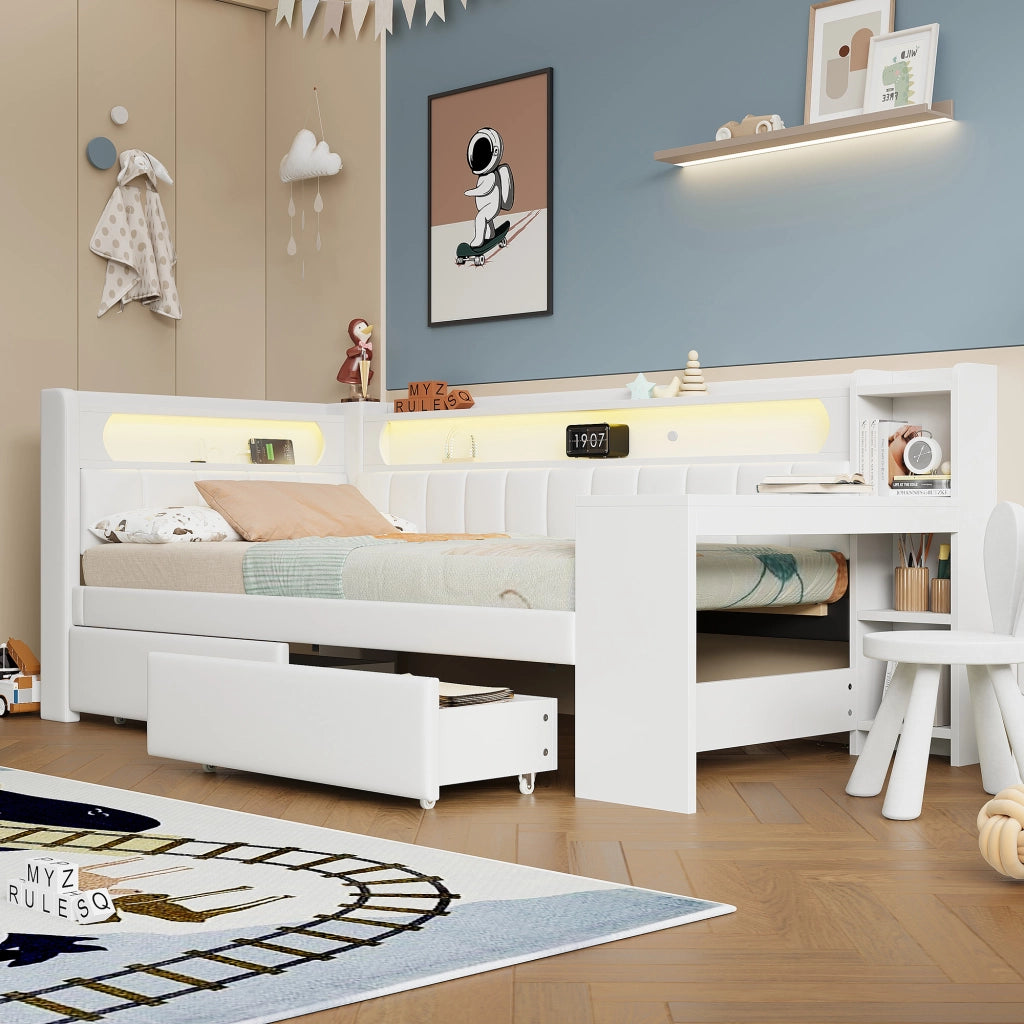 OKWISH Letto a Divano 90×200 cm, Letto Singolo con USB, LED Regolabile e Scrivania, 2 Cassetti, senza Materasso, Bianco