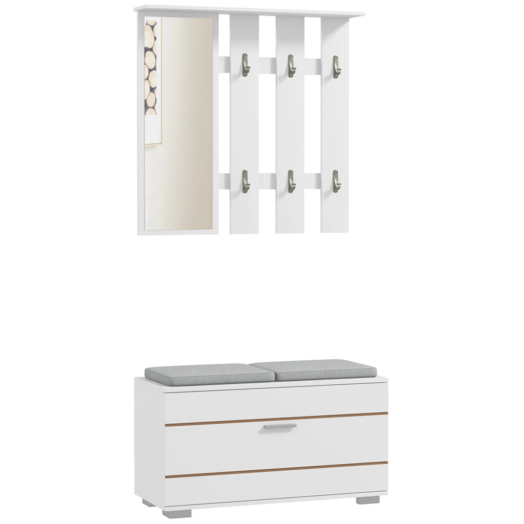 Set Ingresso con Appendiabiti, Specchio, Panca e Scarpiera ¨C Zephmum ¨C Bianco