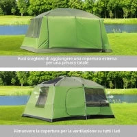 Tenda da Campeggio a Tunnel per 4-8 Persone con 2 Stanze, Tenda Campeggio Familiare Impermeabile 3000mm con Porta, Finestre Laterali e Tasche, 405x305x225cm, Verde