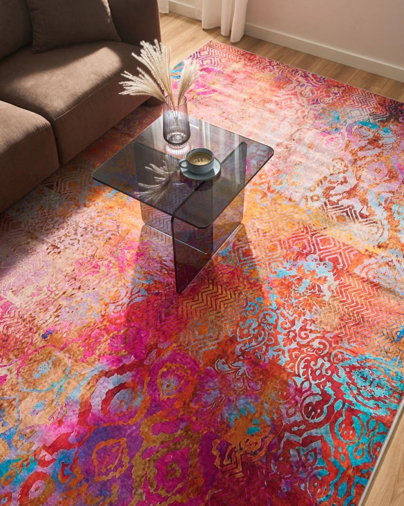 Tappeto tappetino Moquette Tessuto in poliestere Multicolore Motivo astratto Fondo rivestito in gomma 140 x 200 cm