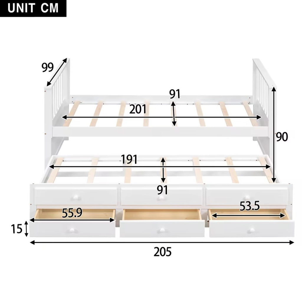 Letto singolo con estrazione e tre cassetti in pino bianco 90x200 cm