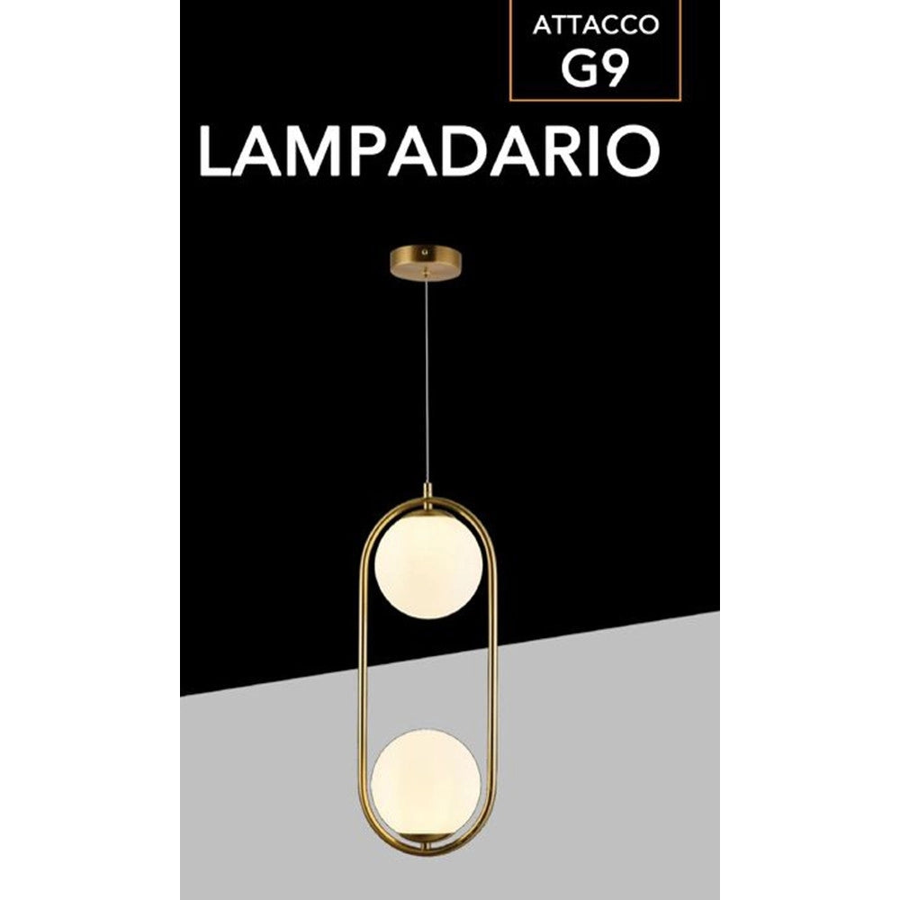 Trade Shop - Lampadario Sospensione Ovale Bronzo Con Due Sfere In Vetro Metallo Lampada Attacco G9 A33 -
