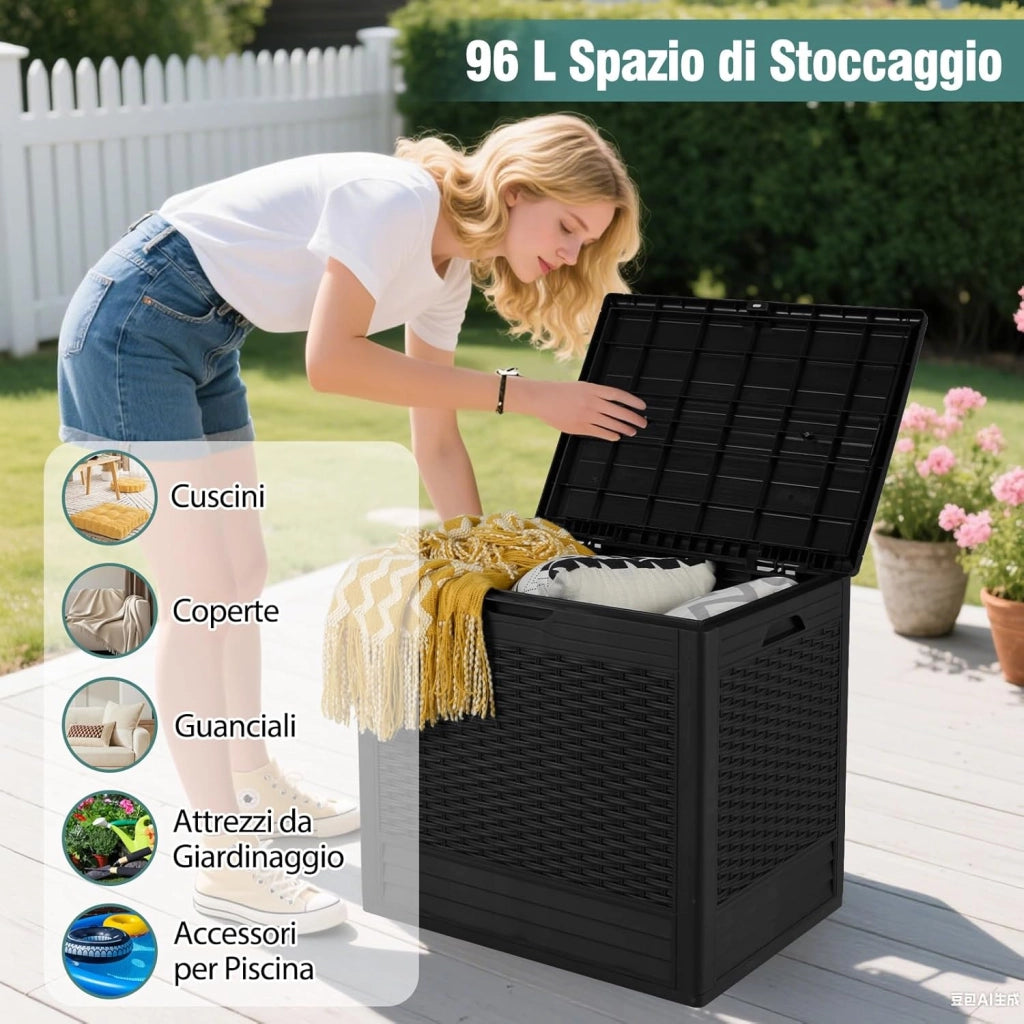 Baule da Esterno 96 L, Cassapanca Contenitore Impermeabile con Effetto Rattan, Coperchio Bloccabile e Maniglie, per Giardino, Patio e Piscina, 58 x 43,5 x 53 cm (Nero)