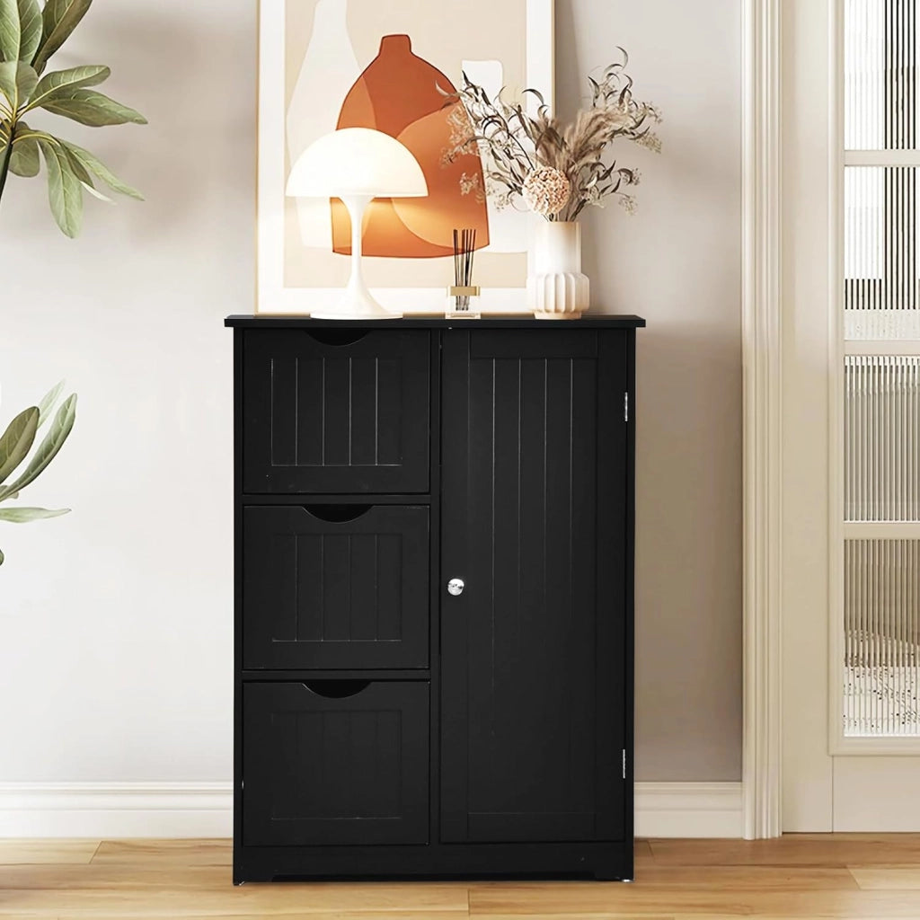 Armadietto da bagno con ripiano regolabile, in legno, 60 x 30 x 81 cm, con 3 cassetti e 1 porta, per soggiorno, cucina, corridoio (nero)