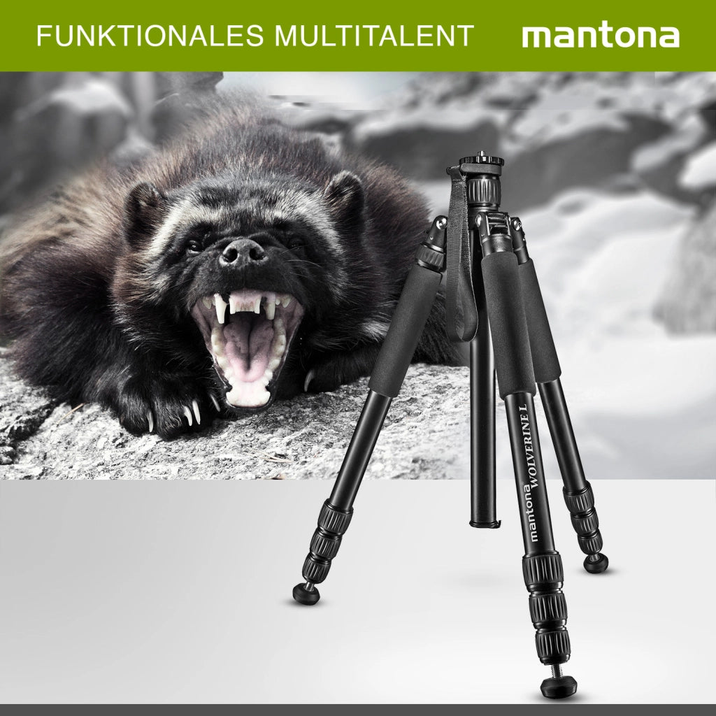 Mantona Wolverine L 284 treppiede per fotocamera in alluminio, cavalletto fino a 15 kg, altezza regolabile fino a 166 cm, punte, livella a bolla, lampada LED, utilizzabile anche come monopiede