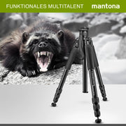 Mantona Wolverine L 284 treppiede per fotocamera in alluminio, cavalletto fino a 15 kg, altezza regolabile fino a 166 cm, punte, livella a bolla, lampada LED, utilizzabile anche come monopiede