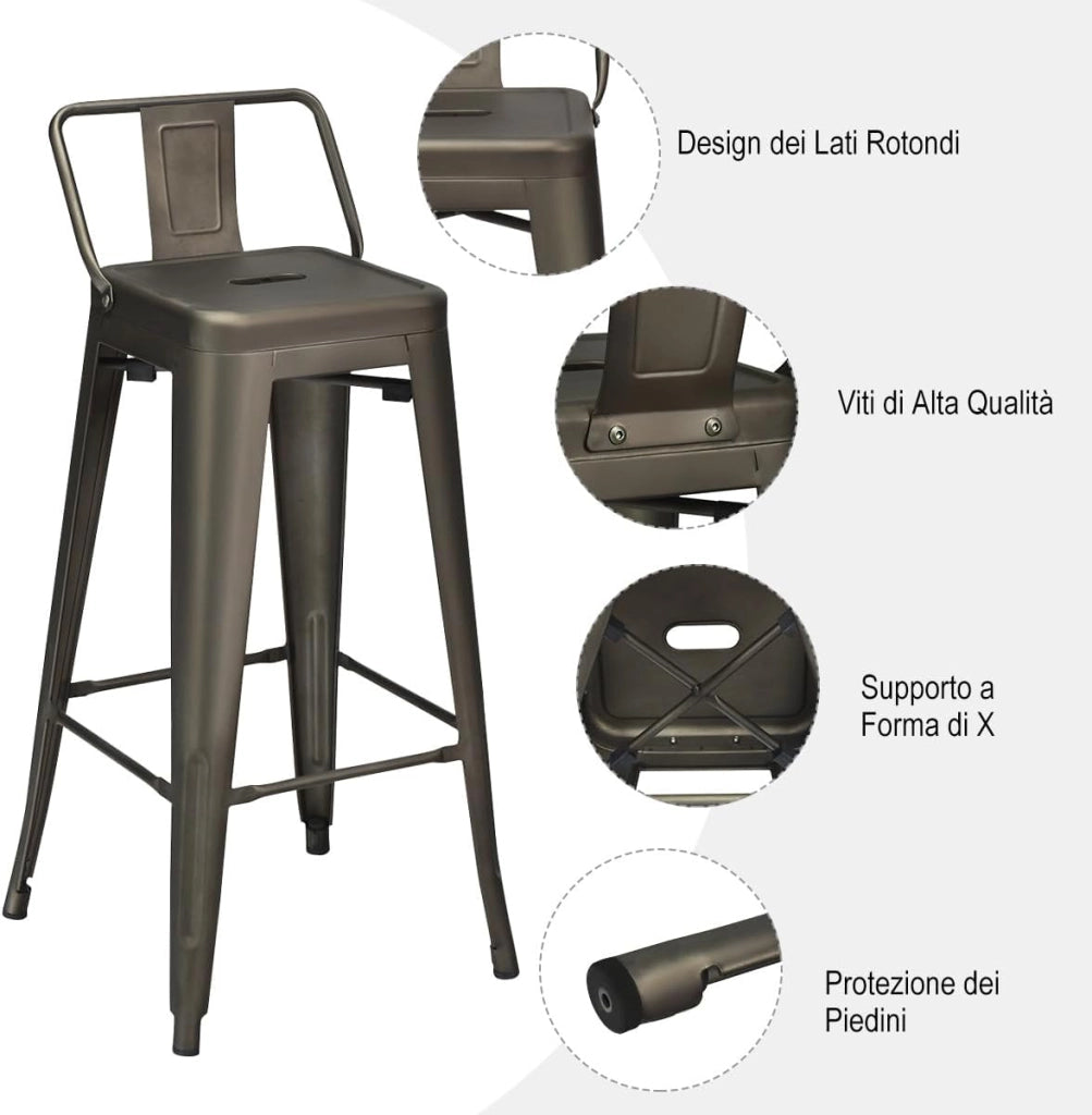 Set di 4 Sgabelli da Bar con Schienale da 94 cm, Sgabelli in Metallo Impilabili con Poggiapiedi per Cucina, Sala da Pranzo e Bar (Marrone)