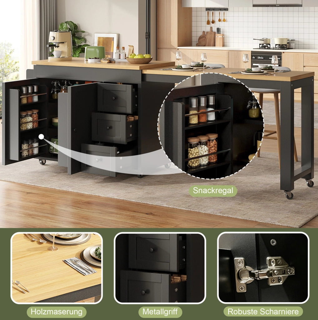 Isola da cucina mobile estensibile nera con 3 cassetti