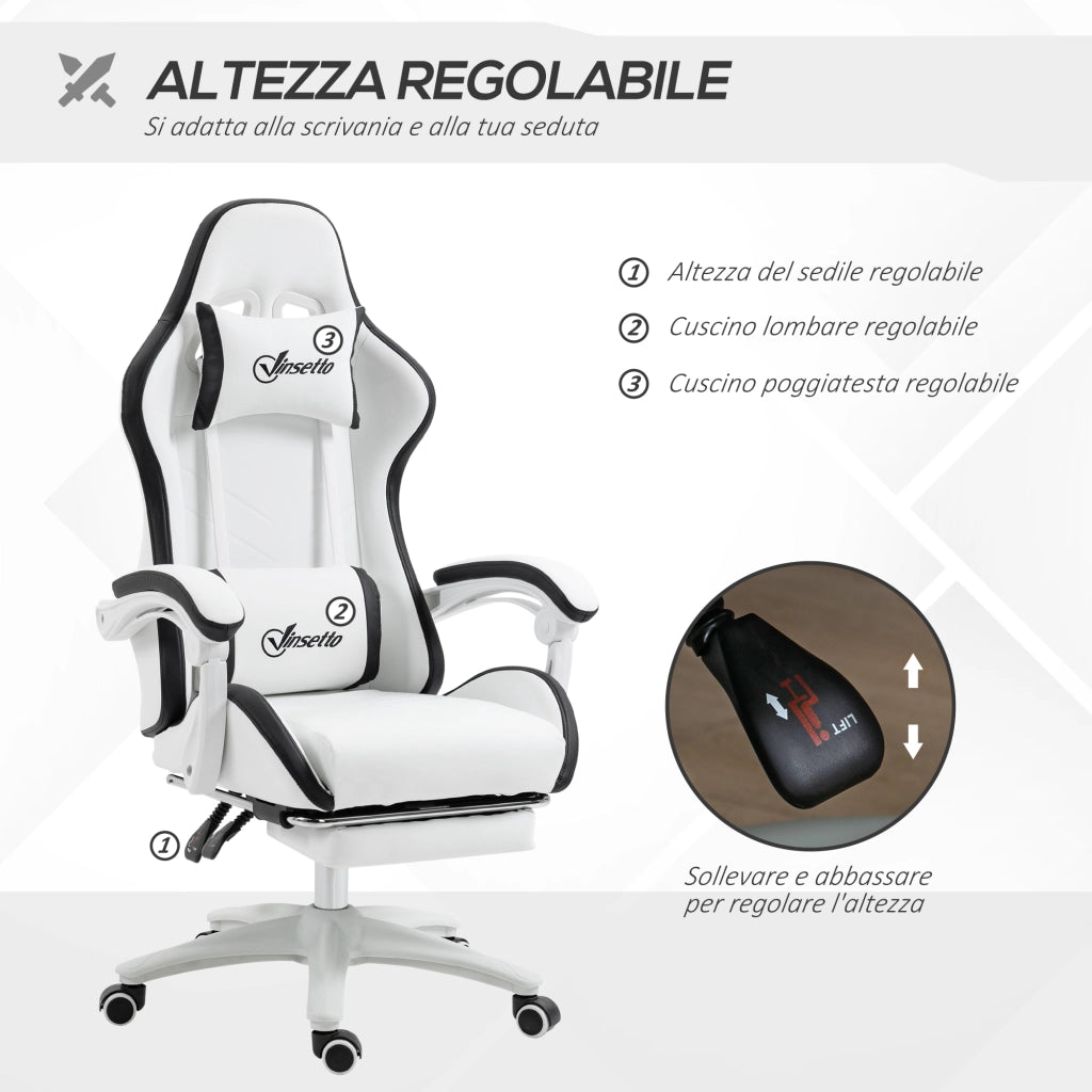 Sedia da Gaming con Altezza Regolabile e Schienale Reclinabile, 65x65x121-129 cm, Bianco e Nero