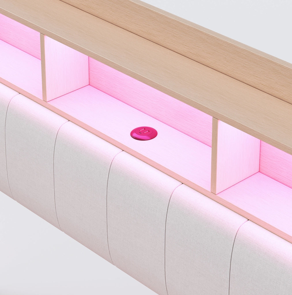 Letto Imbottito Sospeso 140x200 cm Beige con LED, USB/Type-C e Contenitore