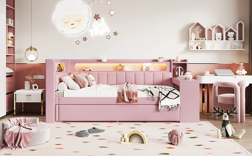 DESMIU Divano letto 90 × 200 cm 1 posto con USB, LED e letto estraibile, senza materasso, rosa