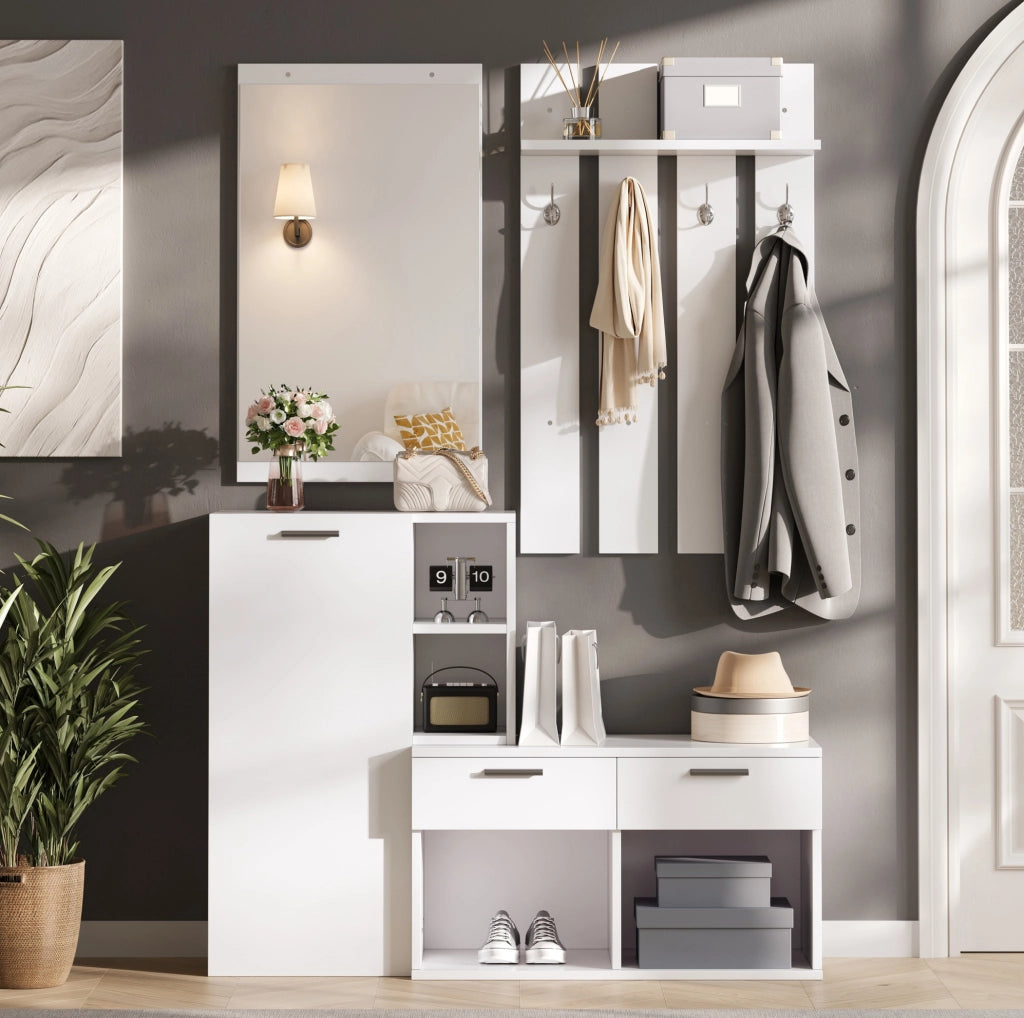 Garderoba da ingresso 120x35x175.5 cm con specchio; 2 cassetti e 4 ganci in MDF bianco