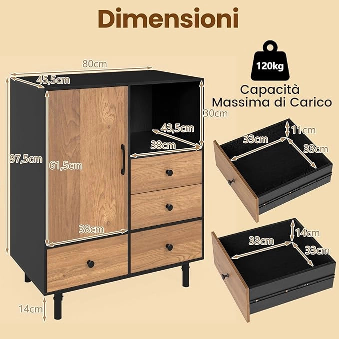 Credenza a Buffet, Armadietto da Cucina con 4 Cassetti, Scomparto Aperto e Gambe in Metallo, per Sala da Pranzo, Soggiorno, Ingresso, 80 x 45,5 x 97,5 cm (Nero)