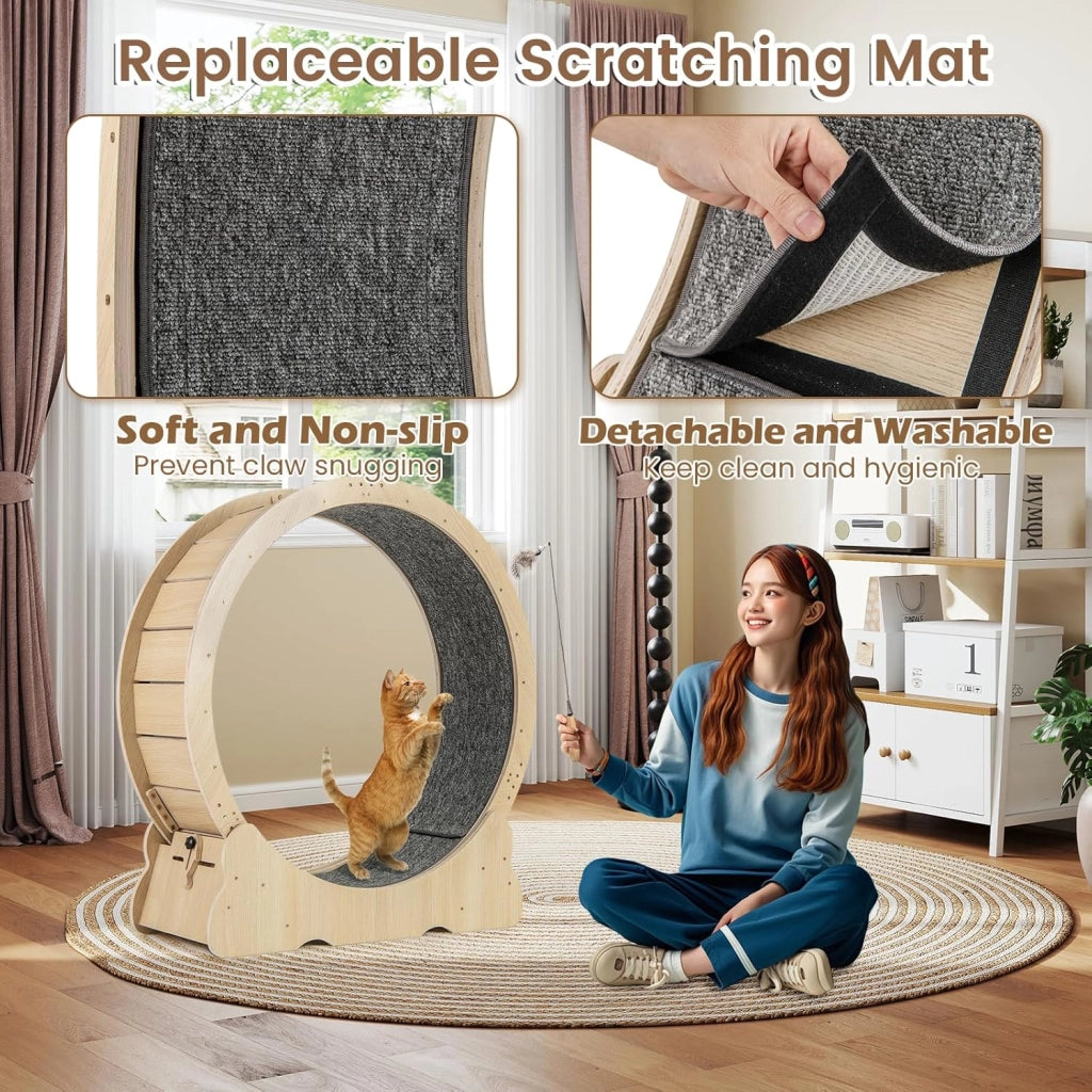 Ruota per Esercizi per Gatti 106 cm in Legno, Tapis Roulant per Gatti con Tappeto Staccabile e Bacchetta per Gatti，Ruota Corsa Allenamento Interno Silenziosa