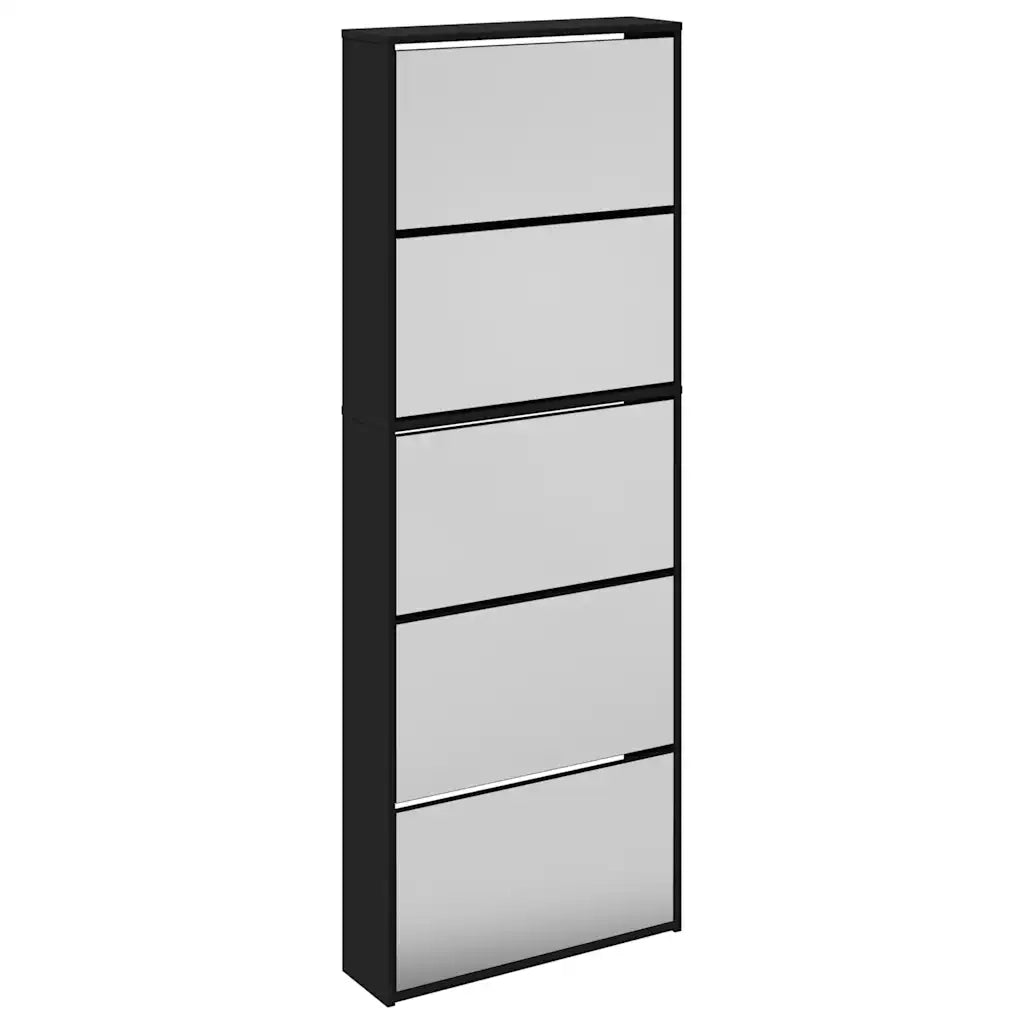 Scarpiera con Specchio a 5 Livelli-Mobile con specchio Nera 63x17x169,5 cm