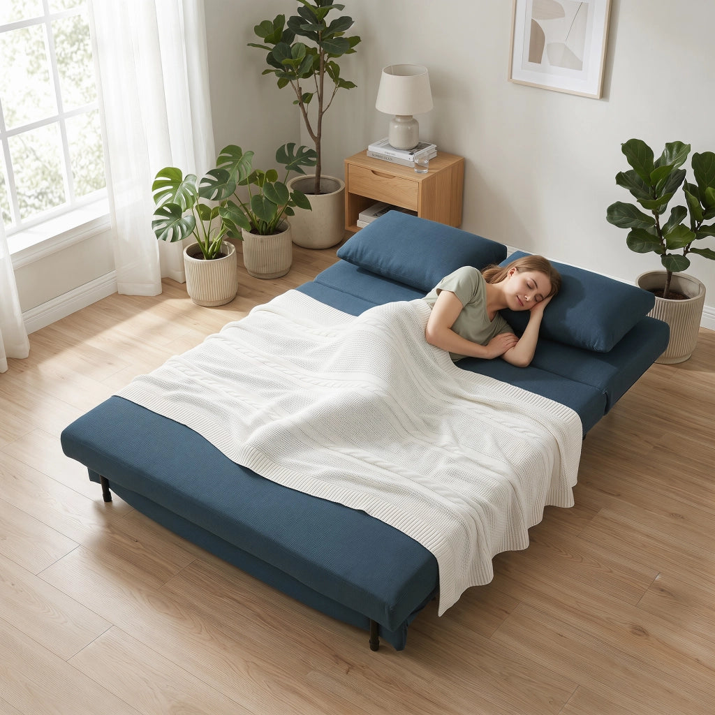 Divano Letto 3 in 1 ¨C Minimal ¨C Blu, Tessuto, Dossier Regolabile, Cuscino