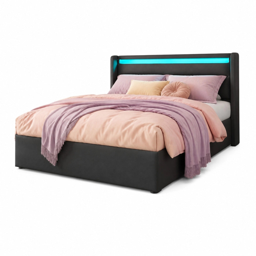 Letto contenitore matrimoniale con LED e rete ribaltabile, 140x200 cm, PU, grigio
