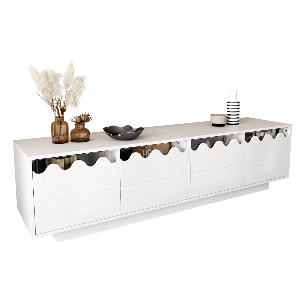 Mobile TV con 4 Ante e Ripiani in Vetro Temperato; Design Ondulato Moderno; 170??40??45 cm; in MDF; Bianco