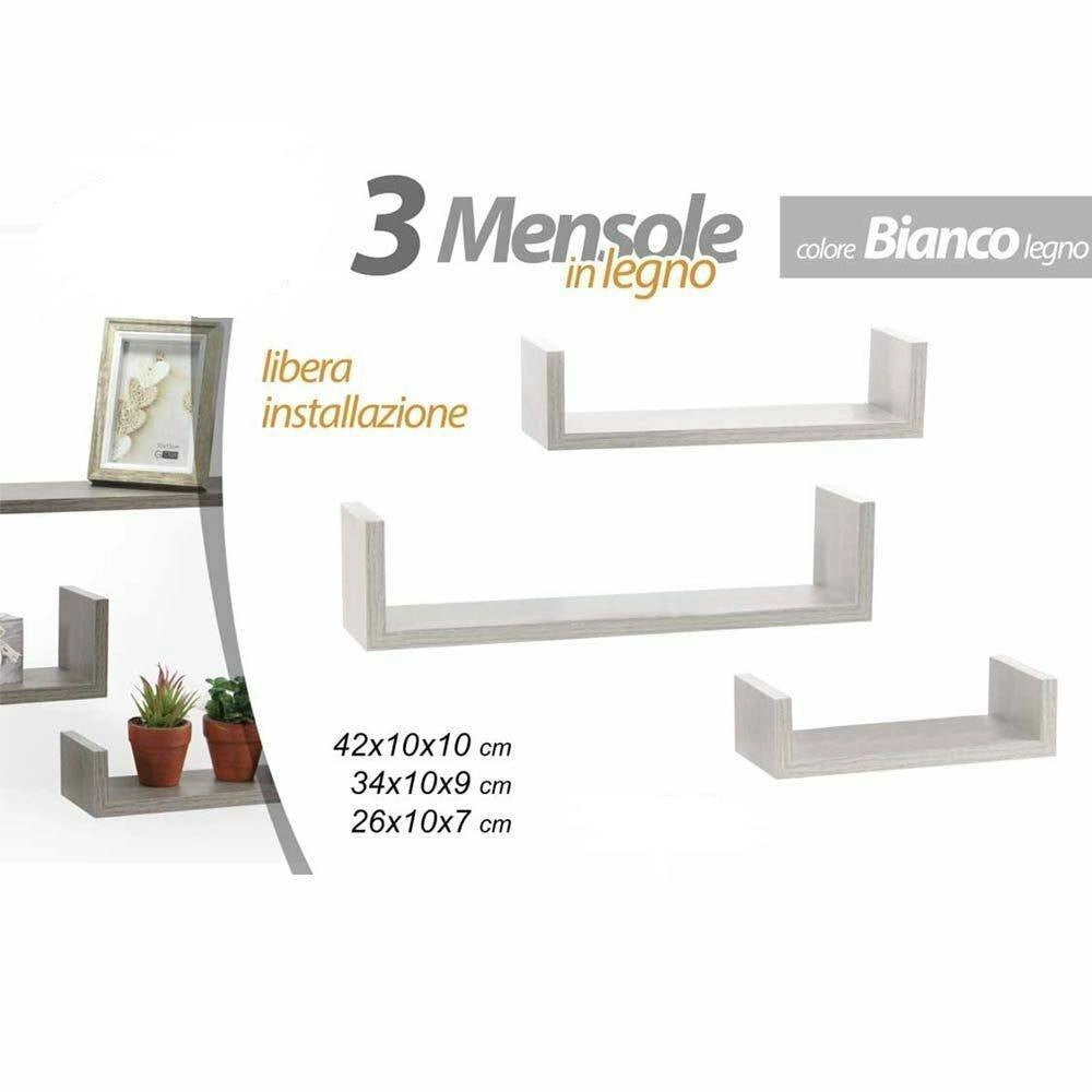 Trade Shop - Set 3 Mensole Da Parete Moderne Design Con Bordi Mensola Scaffale Legno Bianco -