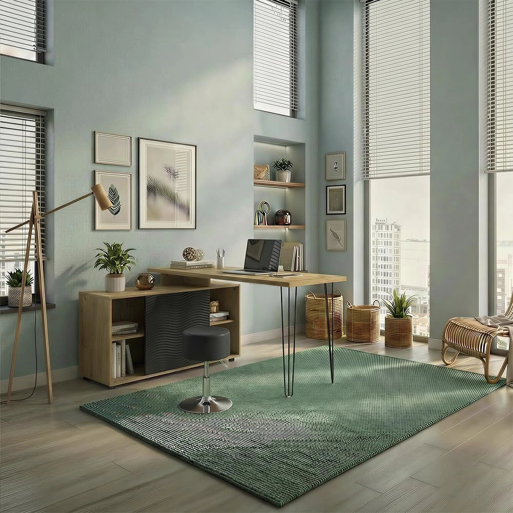 Scrivania angolare Notivo, Nero, 135 x 55 cm con schedario, adatto per ufficio domestico e studio