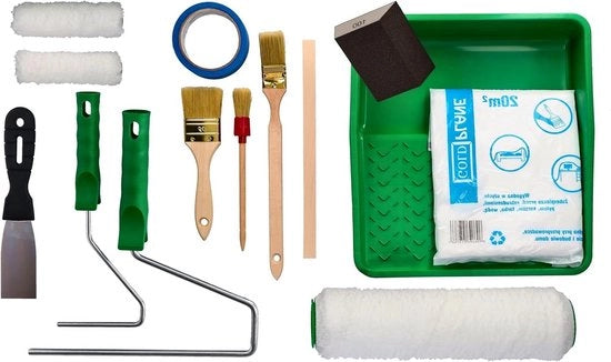 Set di verniciatura completo - 14 pezzi - 2x rulli per verniciatura - scatola per verniciatura - 3x pennelli - mescolatore per verniciatura - blocco per levigatura - kit di rifinitura