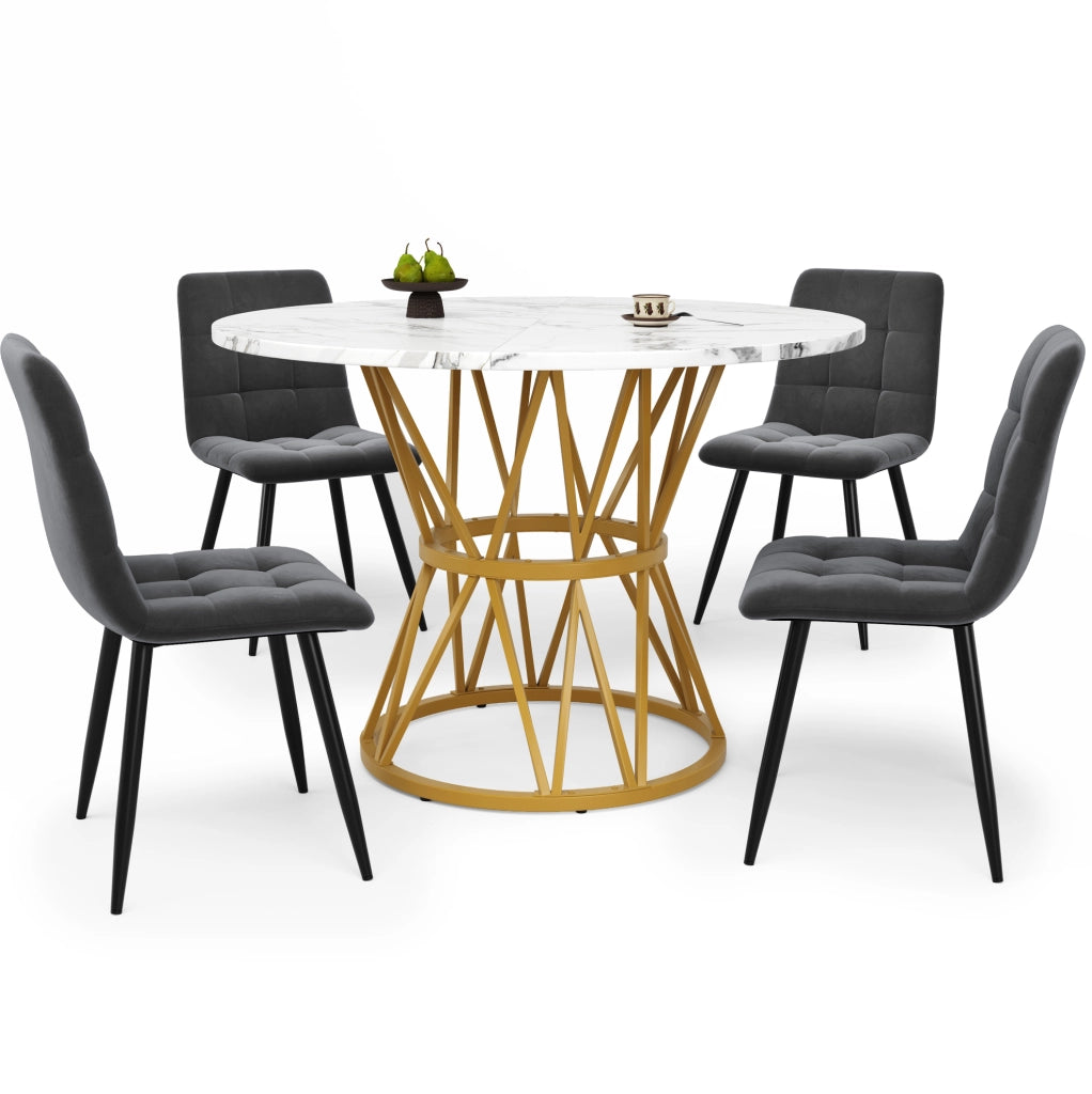 Set tavolo e 4 sedie rotondo 100 cm MDF effetto marmo grigio e oro