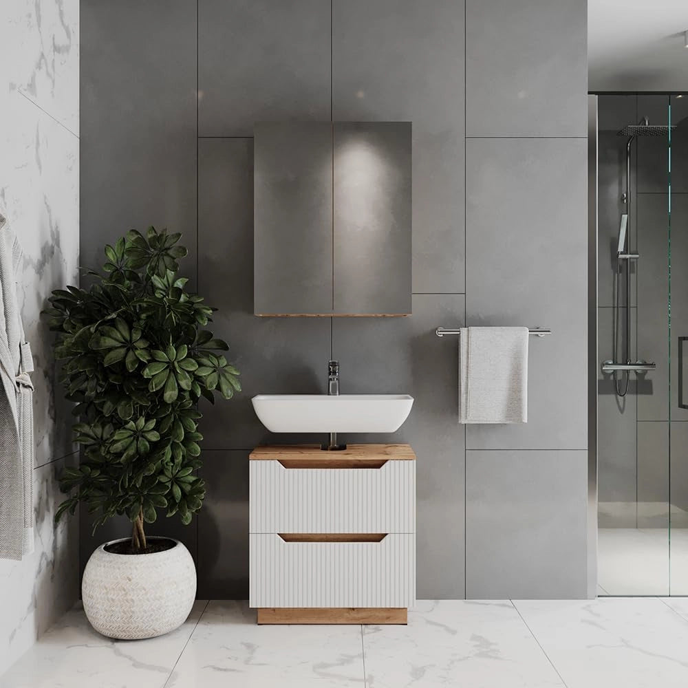 Set di mobili da bagno Lotta, Rovere/bianco a strisce, 2 parti