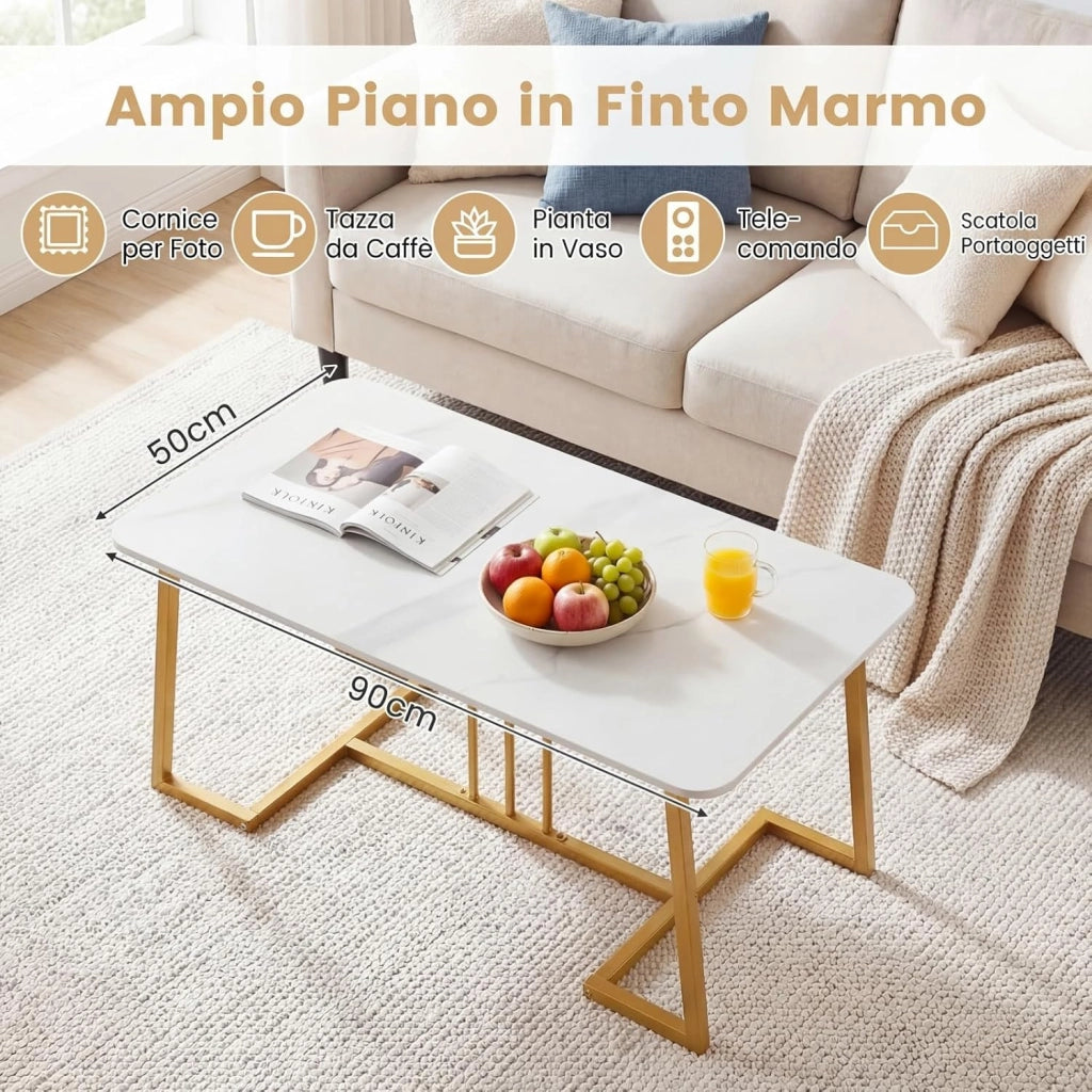 Tavolino da Caffè Rettangolare, Tavolino da Salotto Moderno con Ampio Piano in Effetto di Marmo e Gambe in Metallo Dorato, Perfetto per Soggiorno, Ufficio e Studio, 90 x 50 x 41,5 cm