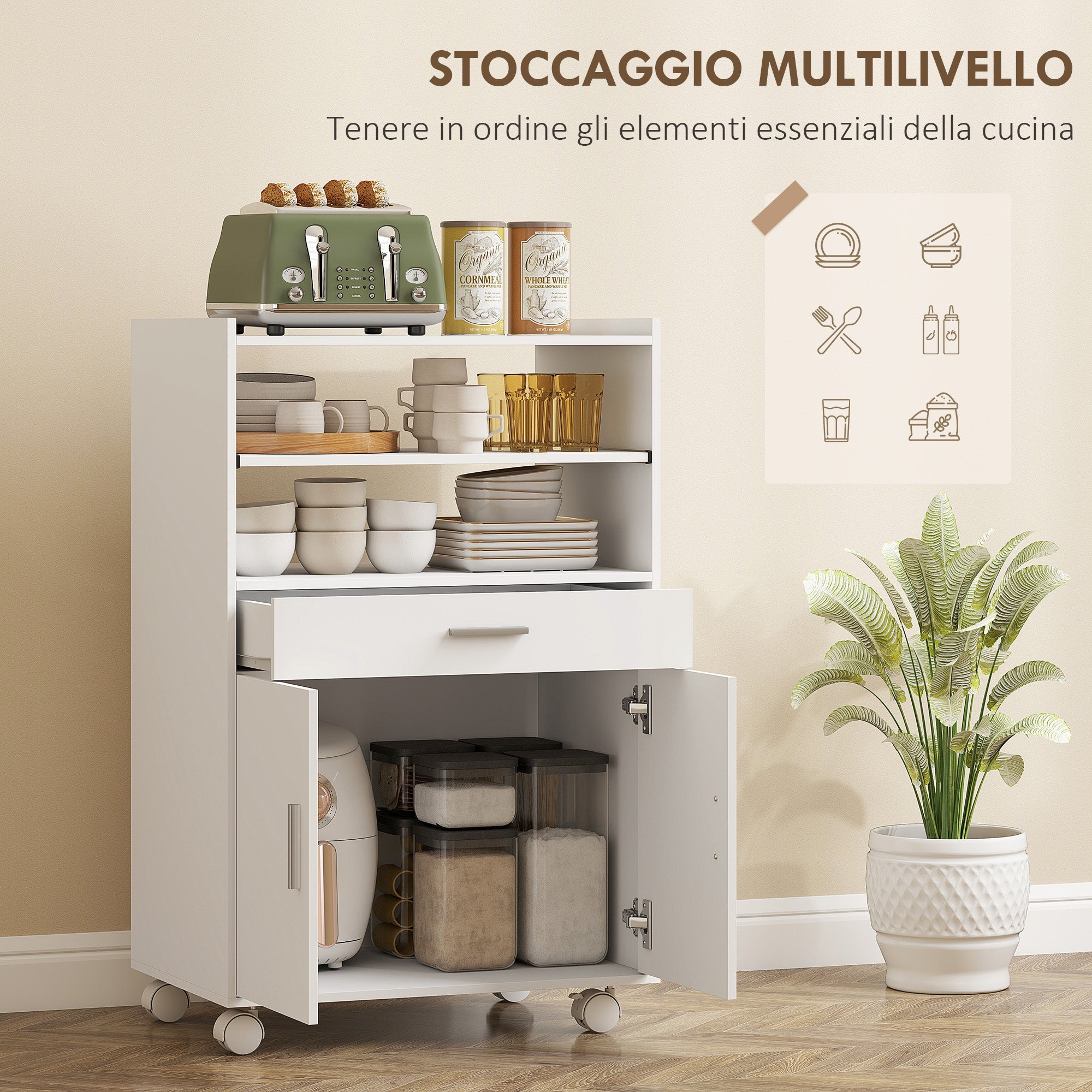 Mobile Cucina Multiuso 59x40x92 cm con Ripiano Estraibile in MDF Bianco