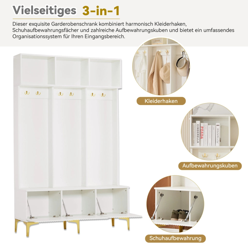 Appendiabiti multifunzione con panca e vani contenitore, bianco, 120 x 23,5 x 191,5 cm