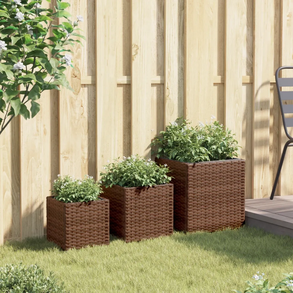 Fioriere | Cassetta per fiori | Vaso da Giardino 3 pz Marroni in Polyrattan