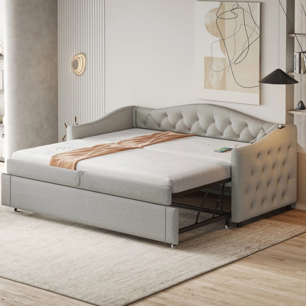 Letto divano 90 × 200 cm con porta USB, letto estraibile, senza materasso, in tessuto effetto lino, grigio