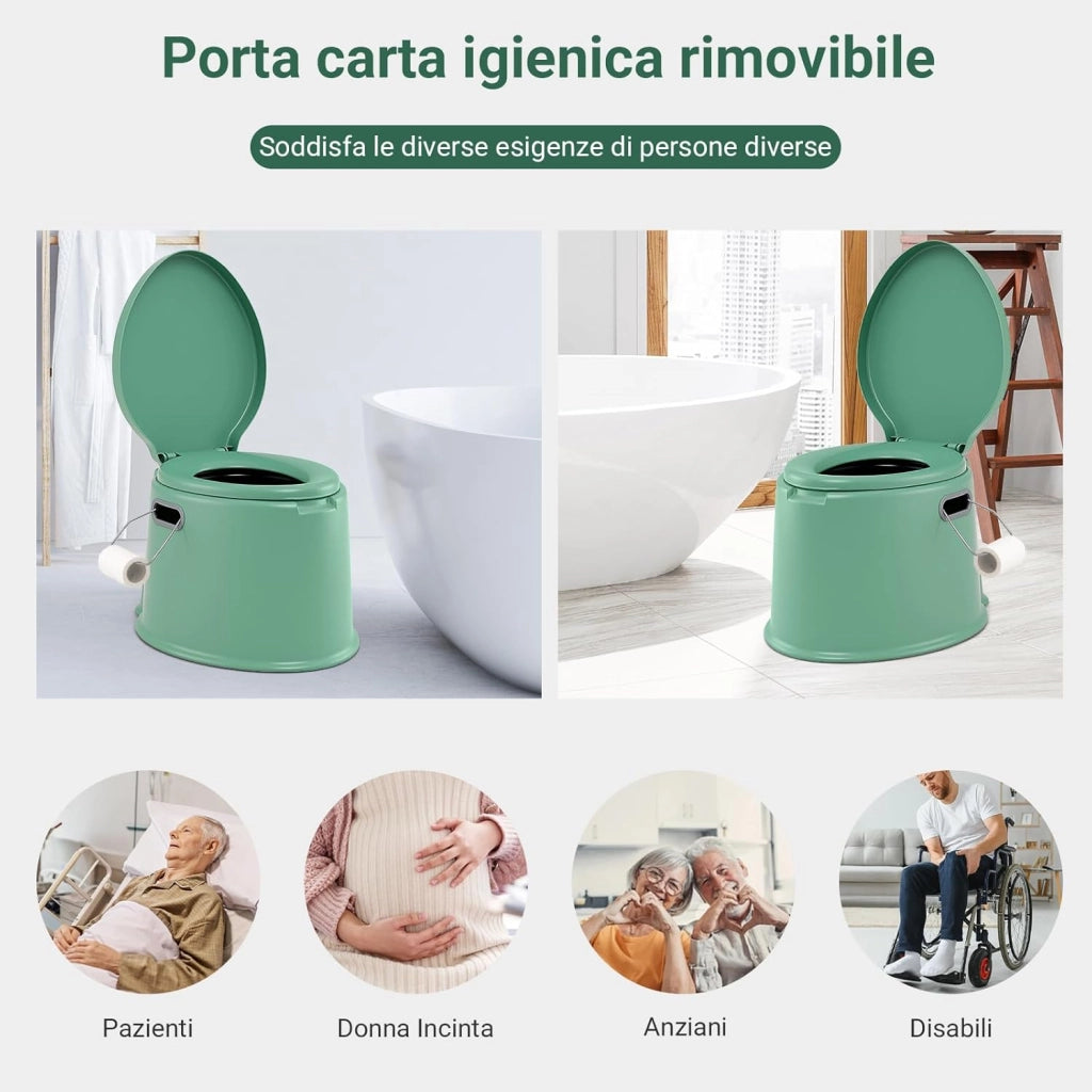 Toilette Portatile WC Chimico, WC da Viaggio Leggero con Secchio Interno Rimovibile,Water Portatile per Adulti e Anziani con Portarotolo, Supporto Carico 200 kg, 41 x 49 x 34 cm