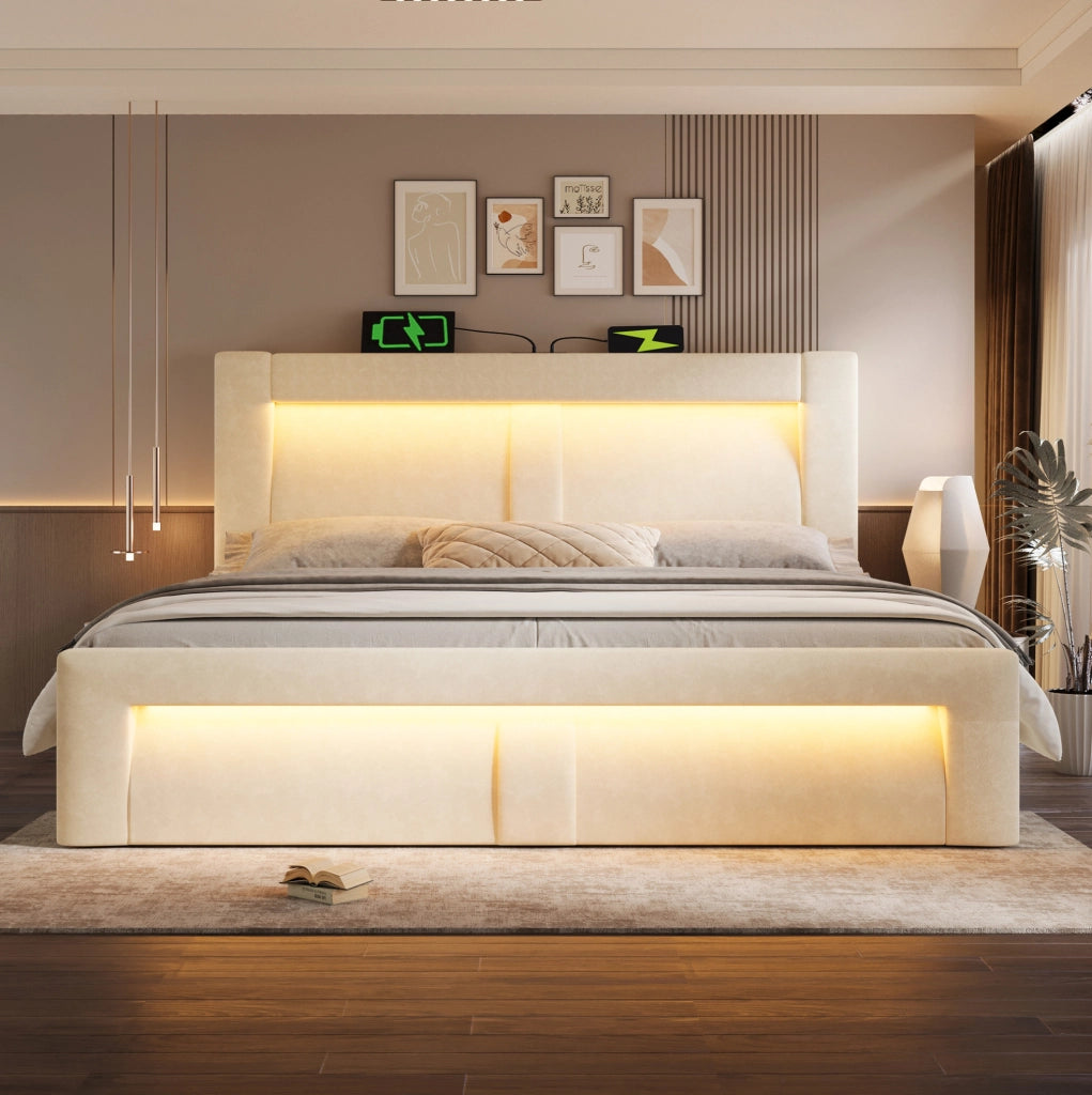 Letto imbottito con contenitore 180x200 cm, LED, USB e Type‑C