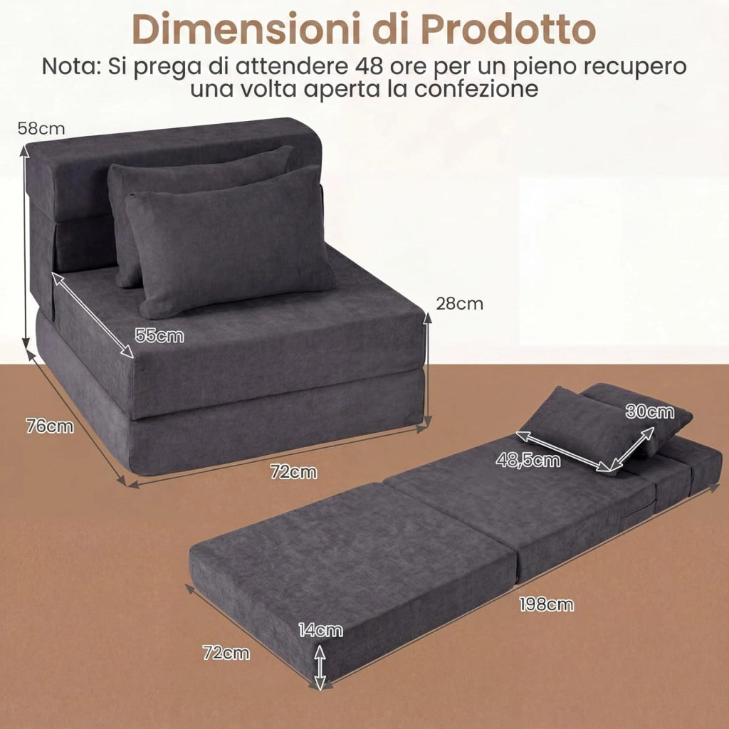 Divano Letto 2 Posti Pieghevole, 3 in 1 Divanetto Trasformabile con 2 Cuscini, Schiuma ad Alta Densità e Rivestimento in Tessuto Chenille, Poltrona Letto per Soggiorno (Grigio,72 x 76 x 58 cm)