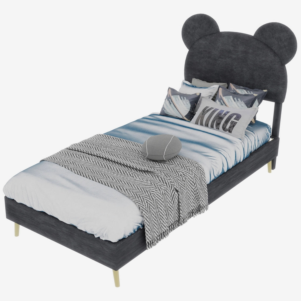 Letto Singolo 90x200 cm; Contenitore con Testiera Sagomata; in Tessuto e Metallo; Grigio