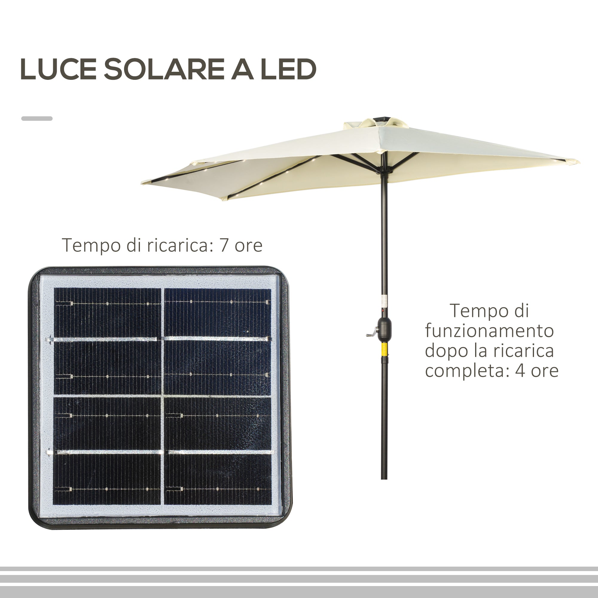 Ombrellone Semicircolare 265x135x240 cm con 20 Luci LED e Pannello Solare Beige