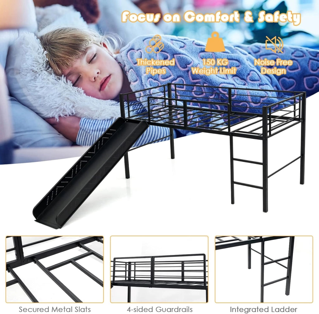 Letto a Soppalco per Bambini con Scivolo E Protezione Anticaduta e Scaletta, Struttura Letto in Metallo 96x198x109cm, Letto a Castello con Rete a Doghe, Fino a 150 kg (Nero)