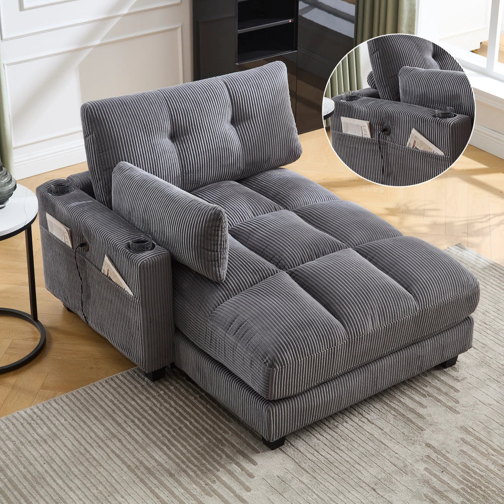 Poltrona relax con portabevande, USB e tasche laterali in velluto a coste Grigio