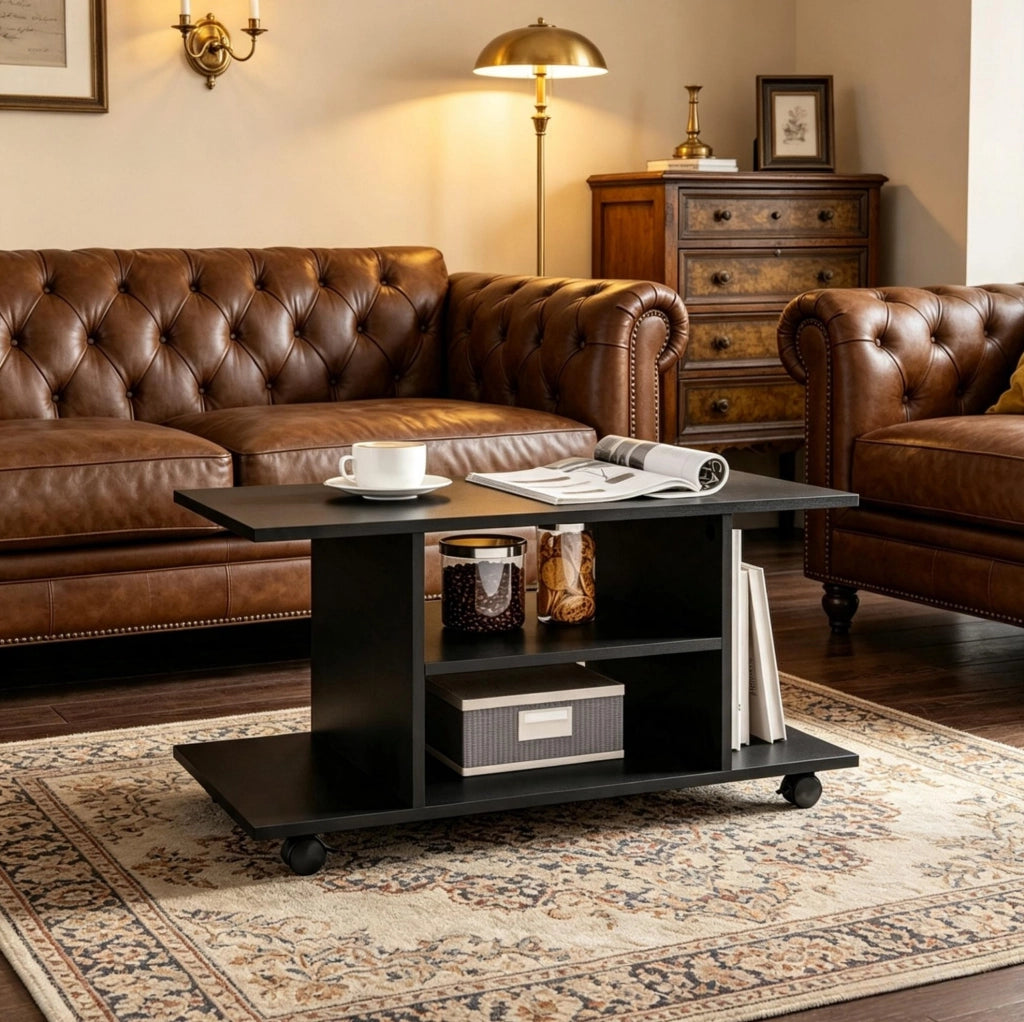Mobile Porta TV in Truciolato Nero con Ruote e Ripiani Aperti 80x40x40 cm