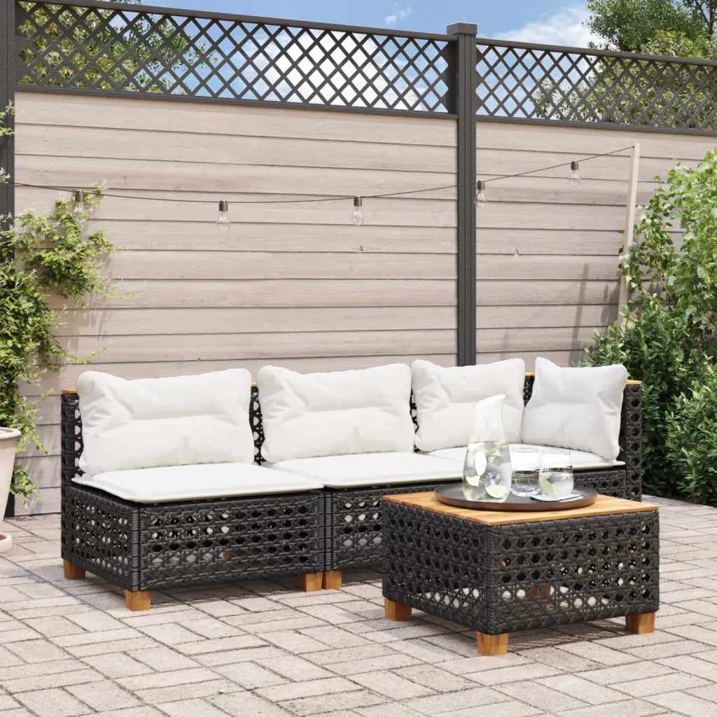 Divano Giardino Senza Braccioli con Cuscini Nero in Polyrattan 365926