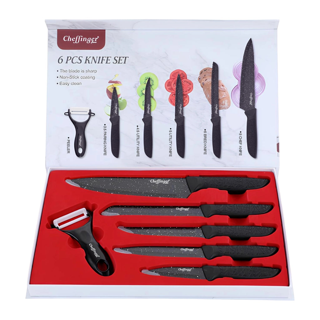 Set di 6 Coltelli Effetto Marmo Antiaderenti con Pelapatate Nero Cheffinger