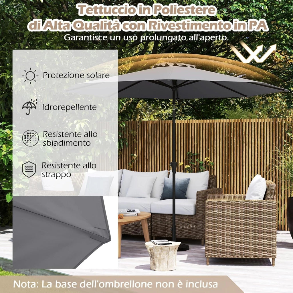Ombrellone da Giardino, Diametro 3M, Ombrello da Spiaggia con Manovella e Inclinazione Regolabile, Ideale per Spiaggia, Balcone, Giardino (Grigio)