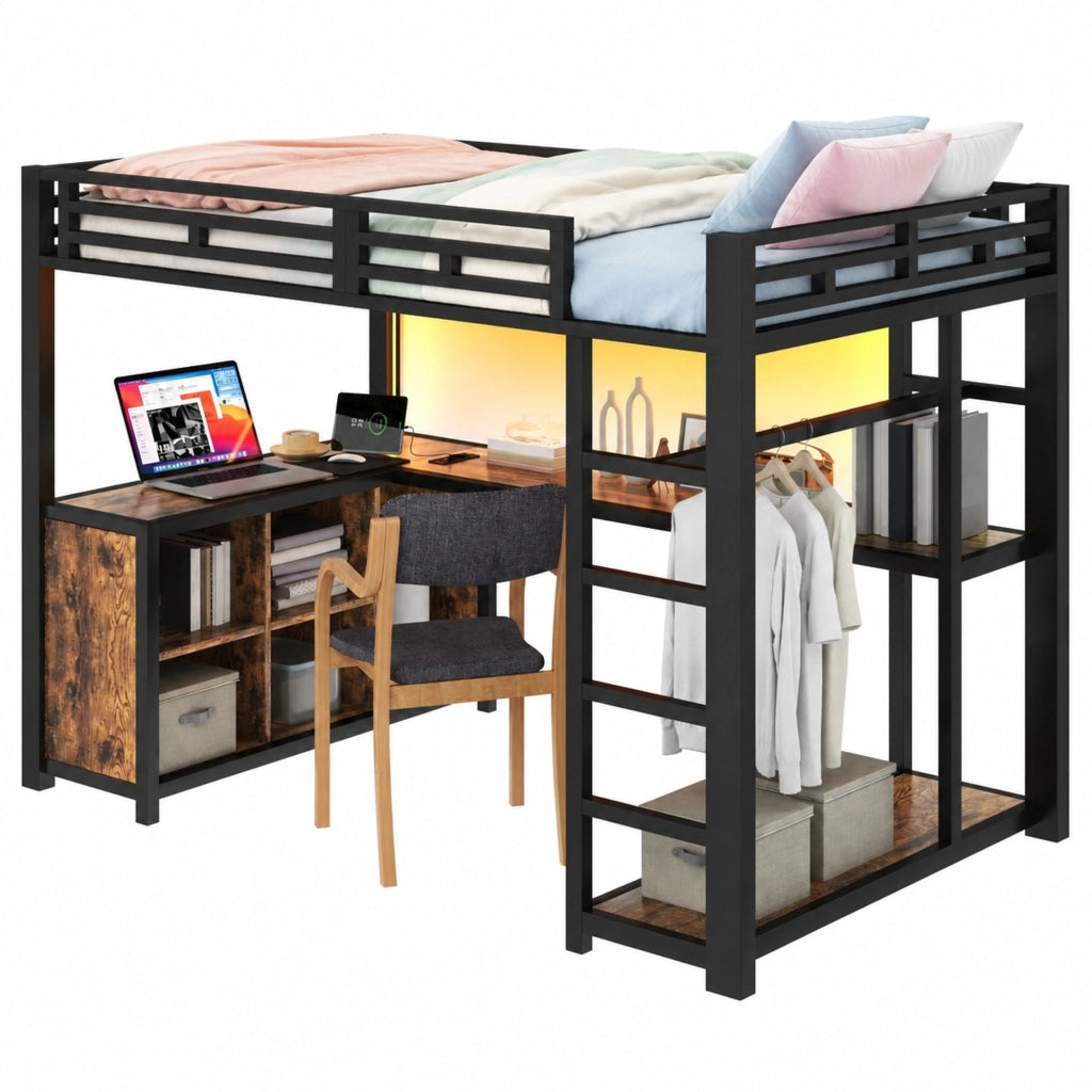 Letto a soppalco 140x200 cm con scrivania, LED e USB, nero