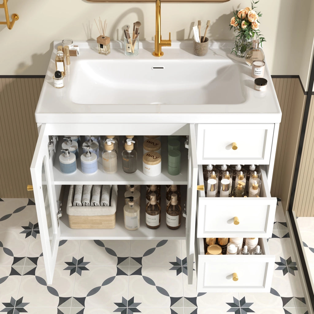 Mobile da bagno con 2 cassetti e ripiani regolabili; lavabo in ceramica - per bagno - in MDF - 80 cm - bianco