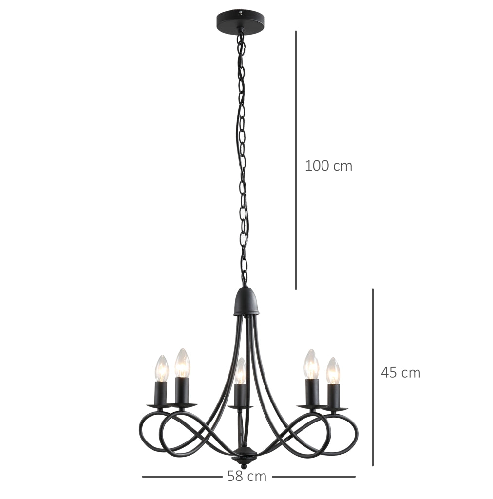 Lampadario a Soffitto Stile Rustico, Acciaio Intrecciato Nero con 5 Candelieri Regolabili e Pieghevoli §¶58 x 45cm