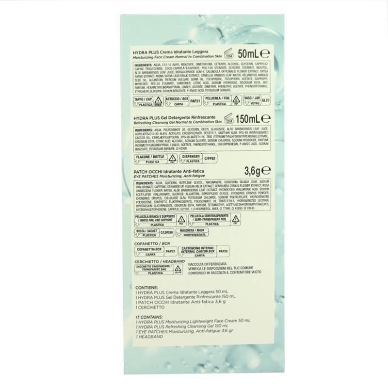 CLINIANS CONFEZIONE REGALO HYDRA PLUS GEL DETERGENTE RINFRESCANTE 150ML, CREMA IDRATANTE LEGGERA 50ML, PATCH OCCHI IDRATANTE ANTI-FATICA 3.6ML + CERCHIETTO IN SPUGNA - PELLI NORMALI O MISTE