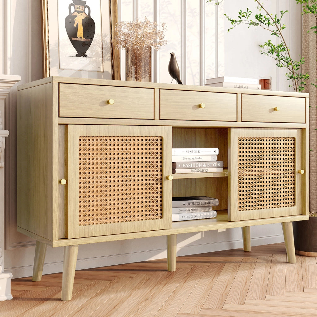 OKWISH Credenza con 3 Cassetti e 3 Ante Scorrevoli, Ripiani Regolabili, Stile Retrò, MDF e Metallo, Rovere, 120 x 40 x 78 cm