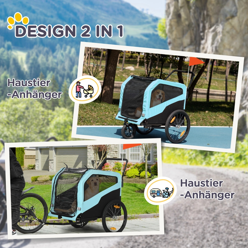 Carrello pieghevole 2 in 1 per cani con rimorchio bici, finestrini a rete, telaio in acciaio, blu 170 × 77 × 90 cm