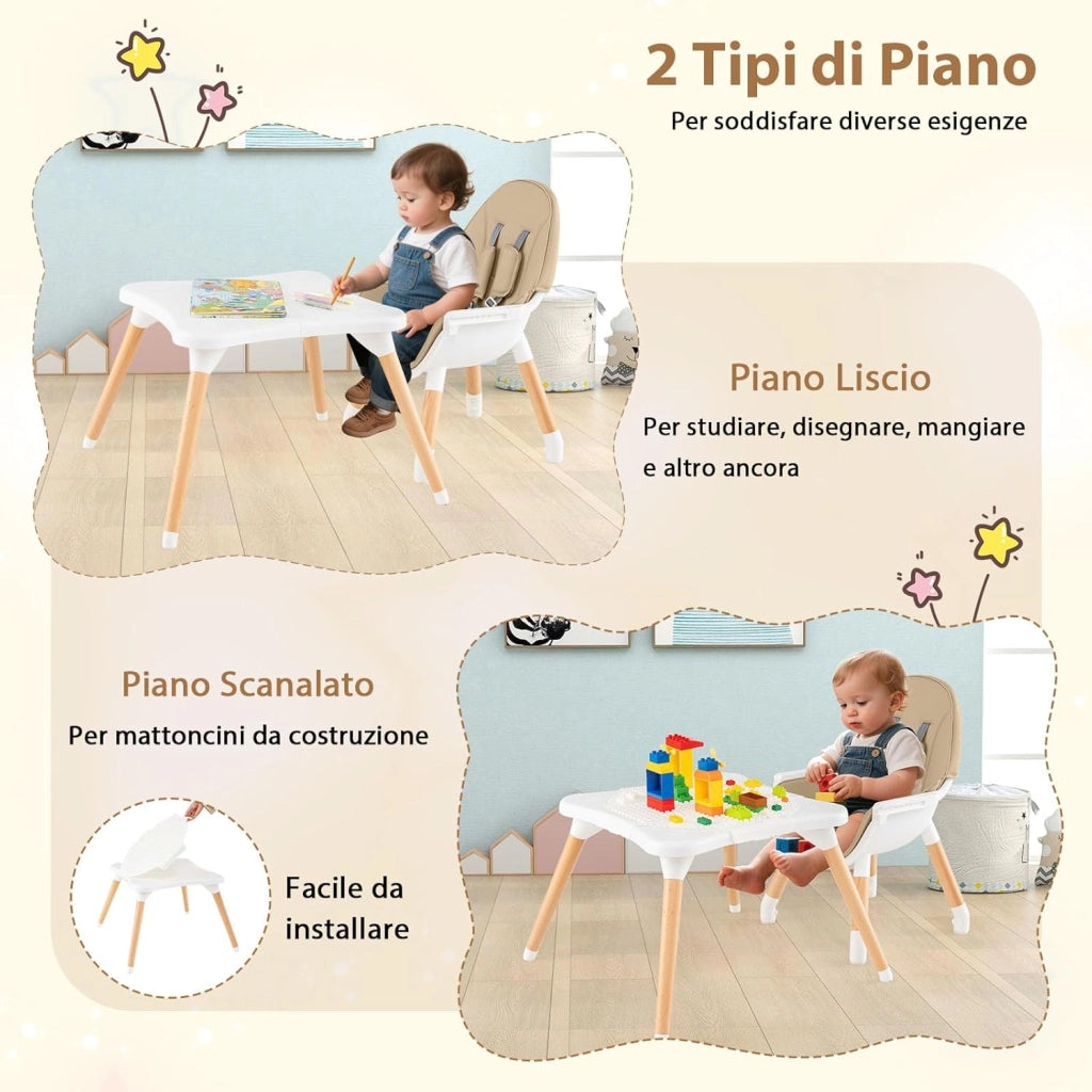 6-in-1 Seggiolone per Neonati, Seggiolone Prima Pappa, Tavolo e Sedia Convertibile per Bambini, Imbracatura di Sicurezza, Vassoio Rimovibile, per Bambini 6-36 Mesi (Beige+Bianco)